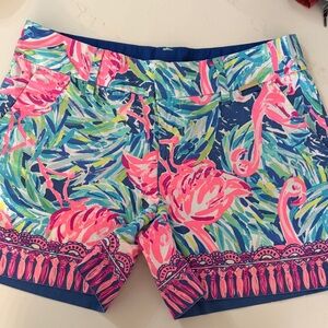 Lilly Pulitzer Pink, Blue & Green Flamingo Print Scalloped Hem Shorts
